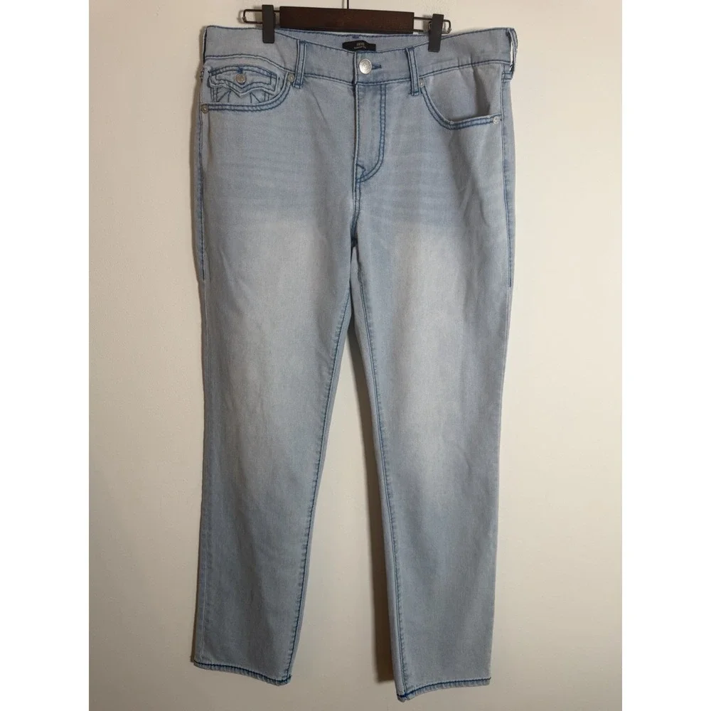 True Religion Geno Big T Flap Jeans 34x32 Light Wash Blue Tonal Stitch New
